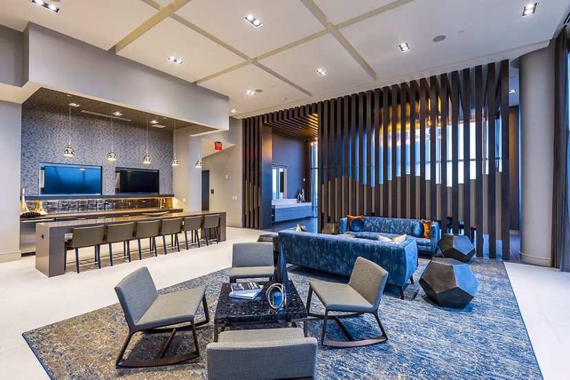 Clubhouse kitchen with stainless steel appliances at Latitude Med Center Apartments, ideal for hosting events in Houstonâ€™s luxury living community