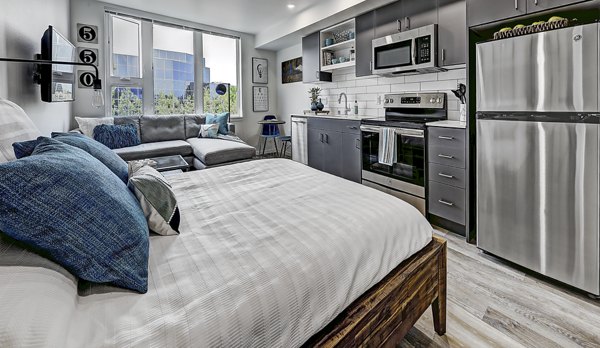 Modern kitchen with stainless steel appliances in Zig Apartments