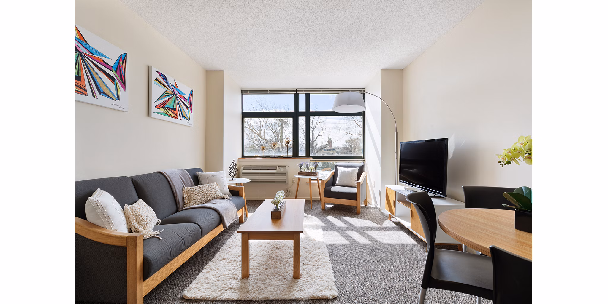 Spacious living room with modern decor in SoCam 290 Apartments, Greystar luxury apartments
