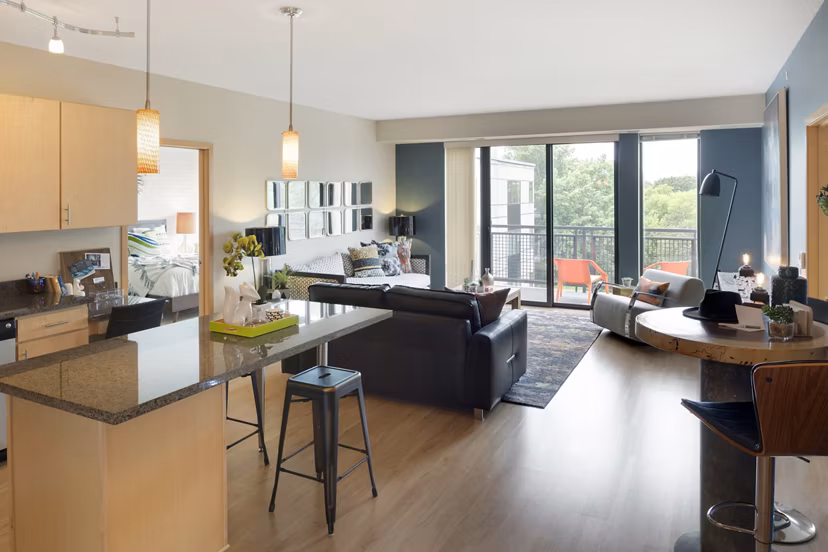 Ellipse on Excelsior: contemporary living room with stylish decor and open layout in luxury apartment
