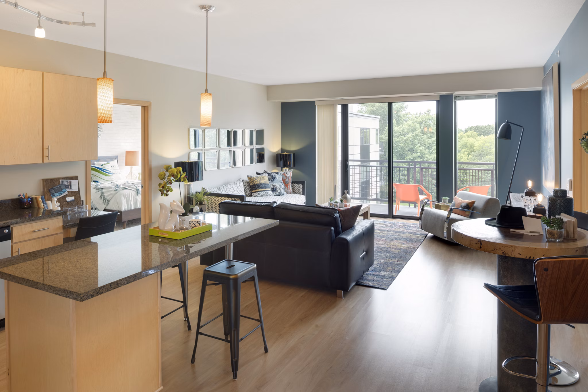 Ellipse on Excelsior: contemporary living room with stylish decor and open layout in luxury apartment