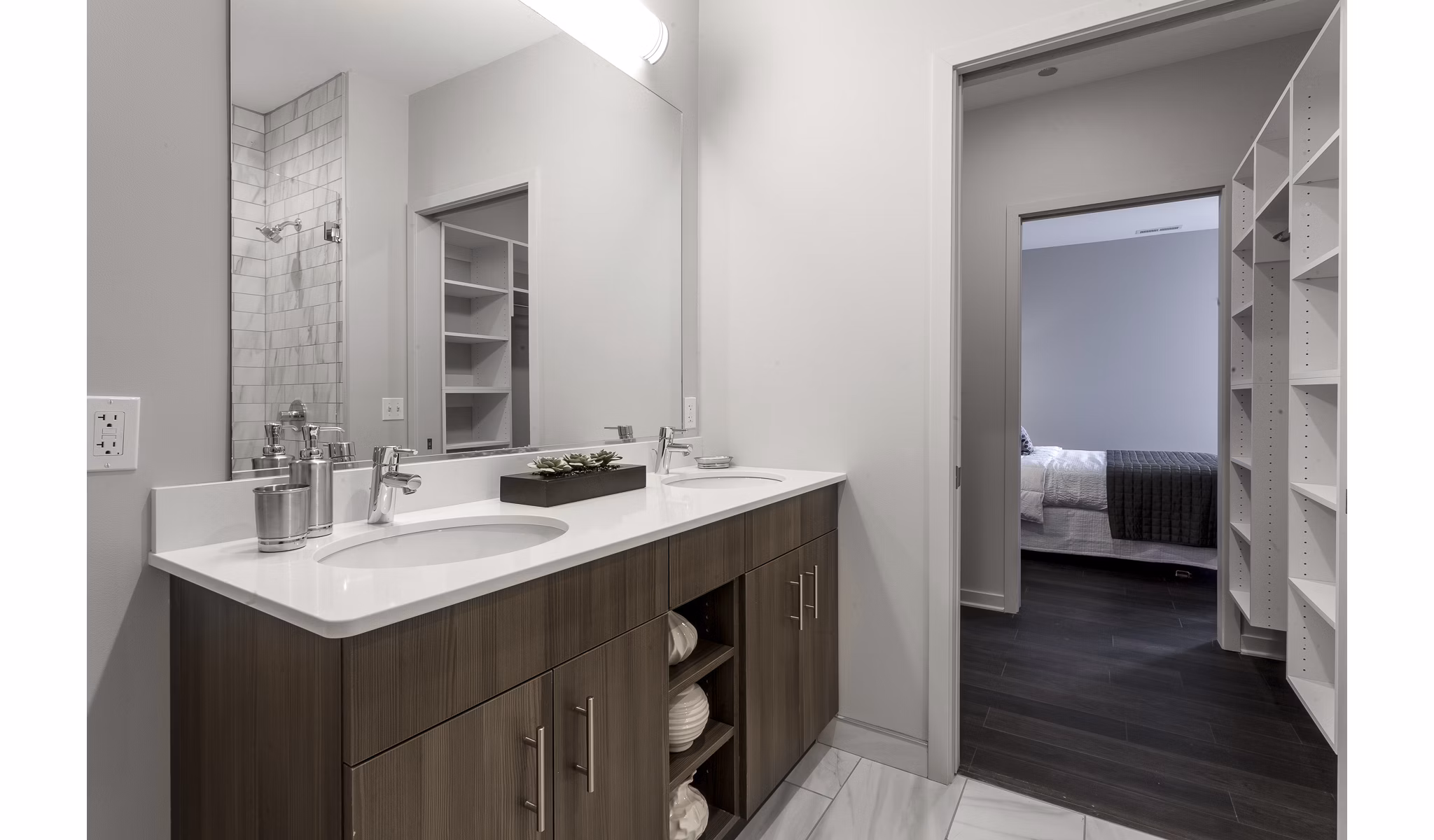 Luxurious bathroom with modern fixtures at Luxe on Chicago Apartments
