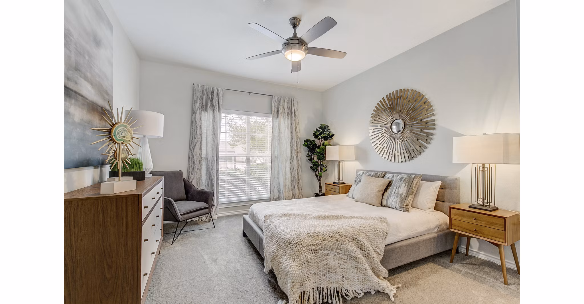 Luxury bedroom with modern furnishings at St Marin Apartments