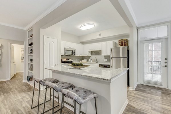 Modern kitchen with stainless steel appliances at St Marin Apartments, luxury living by Greystar