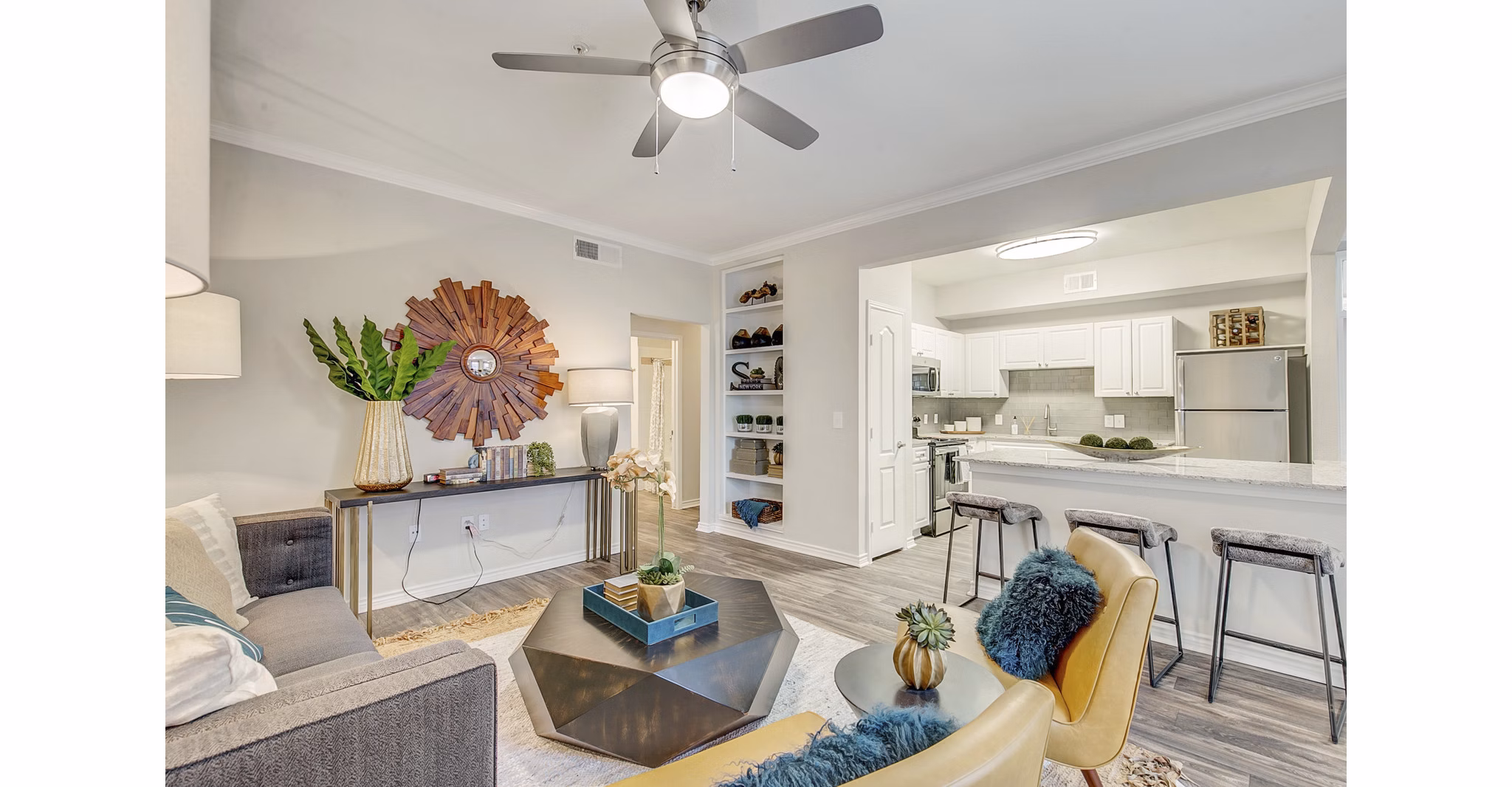 Spacious living room with modern decor and natural light at St Marin Apartments, luxury residences by Greystar