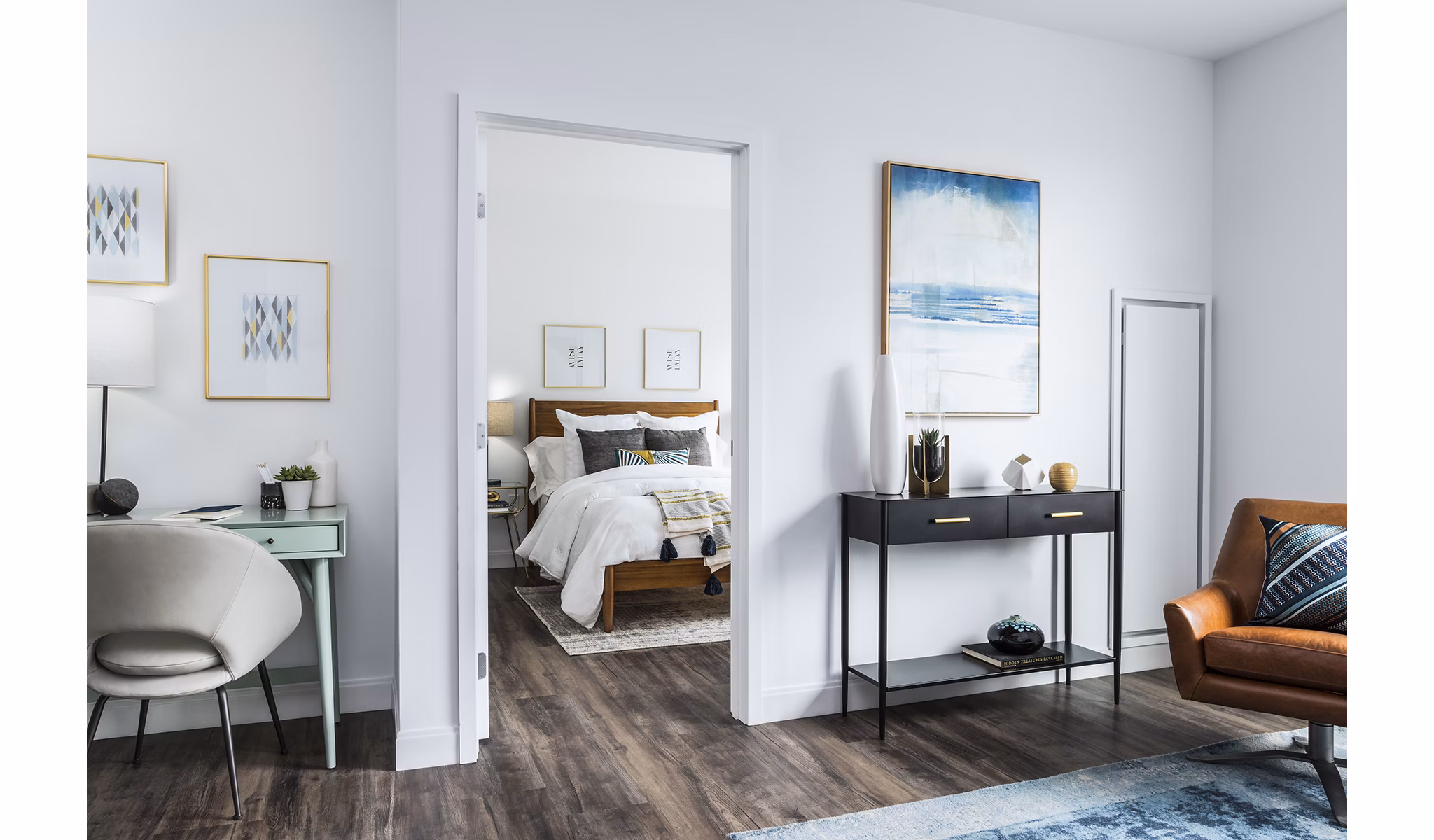 Modern bedroom with stylish decor at Lantera at Boston Landing Apartments, offering a cozy retreat in the vibrant Allston-Brighton neighborhood