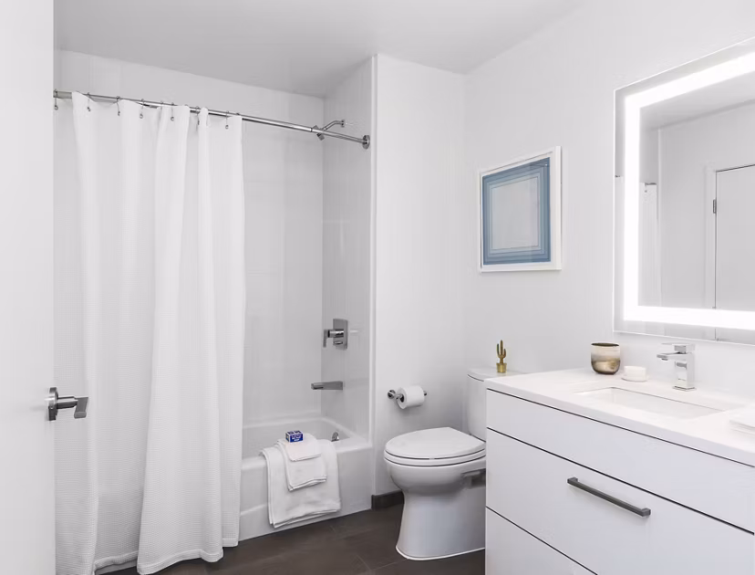 Modern bathroom with sleek fixtures at Lantera at Boston Landing Apartments