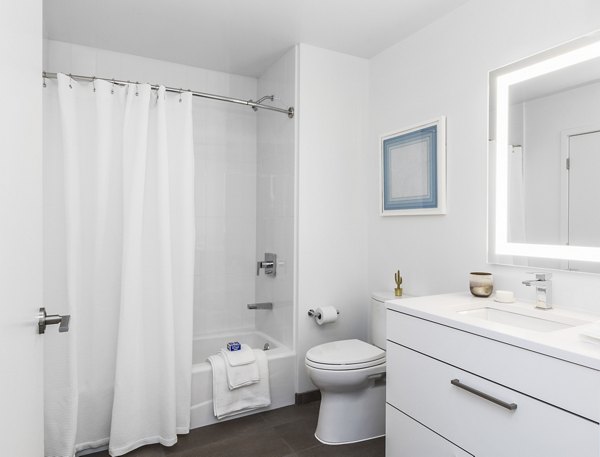 Modern bathroom with sleek fixtures at Lantera at Boston Landing Apartments