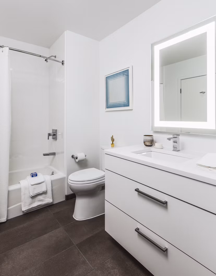 Elegant bathroom with sleek fixtures at Lantera at Boston Landing Apartments