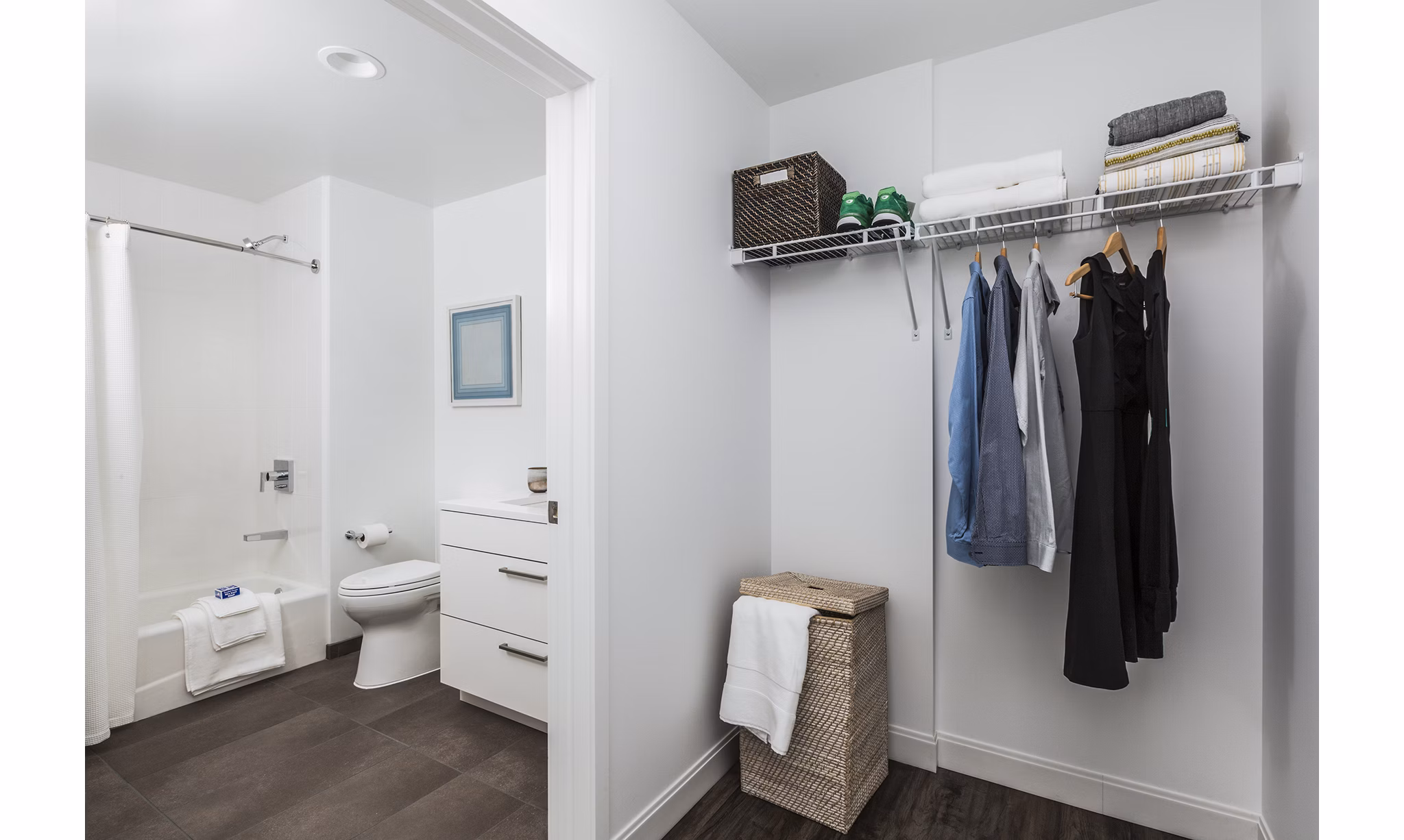 Bathroom with modern fixtures and sleek design at Lantera at Boston Landing Apartments