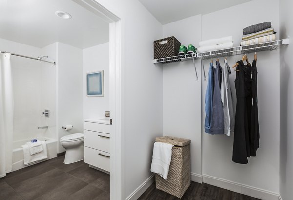 Bathroom with modern fixtures and sleek design at Lantera at Boston Landing Apartments