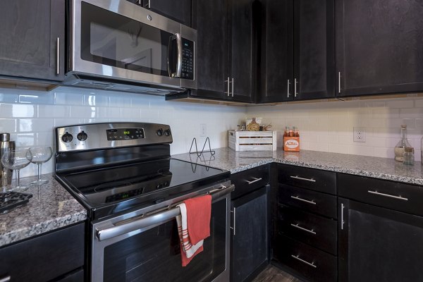 Modern kitchen featuring stainless steel appliances and granite countertops in The Franklin at Crossroads Apartments