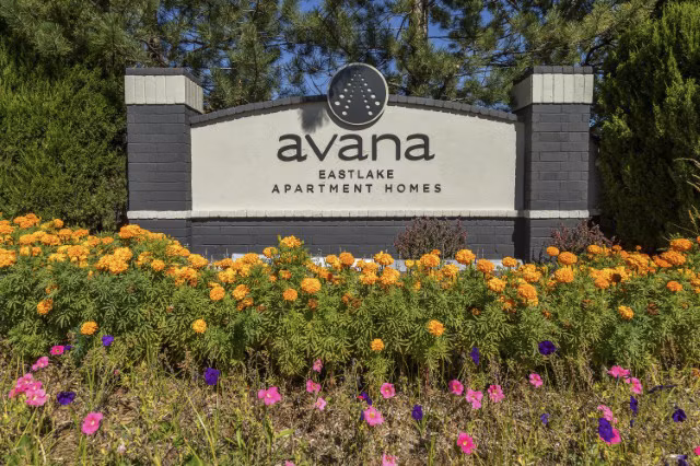 Elegant entrance signage at Avana Eastlake Apartments