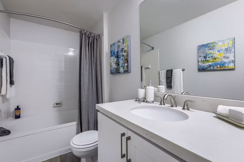 Modern bathroom with sleek fixtures at Avana Eastlake Apartments, a Greystar luxury property