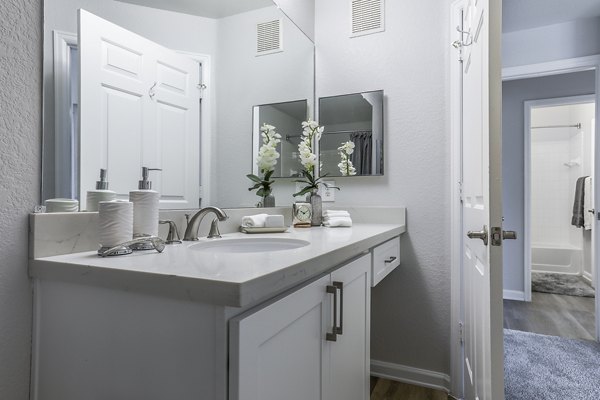 Modern bathroom with sleek fixtures at Avana Eastlake Apartments