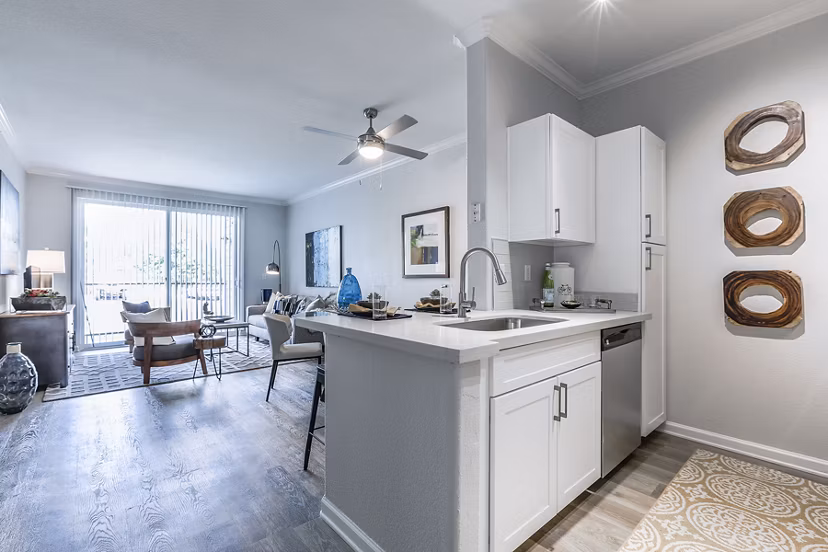 Modern kitchen with stainless steel appliances at Eastlake Apartments
