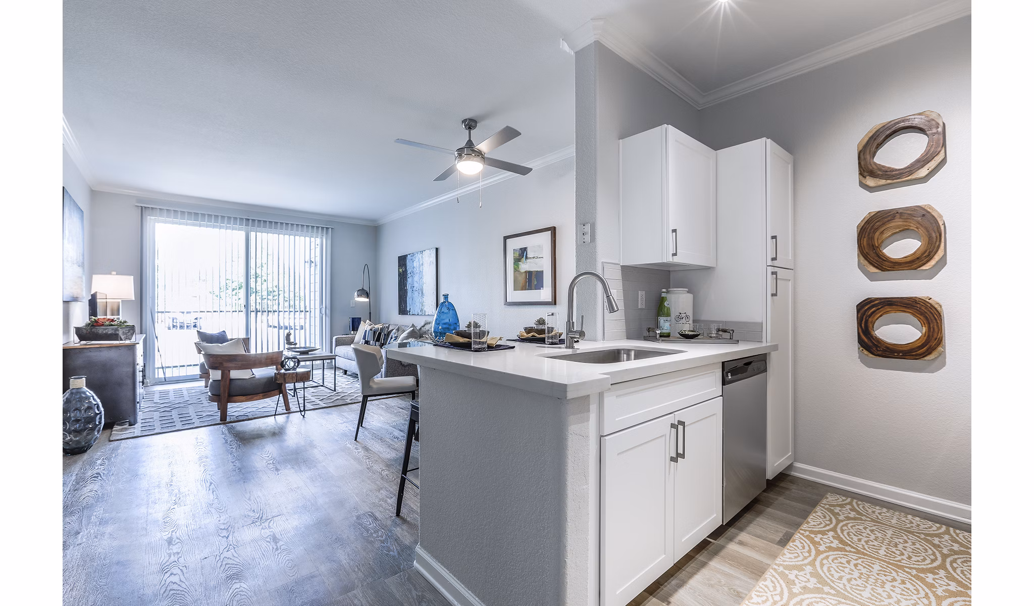 Modern kitchen with stainless steel appliances at Eastlake Apartments