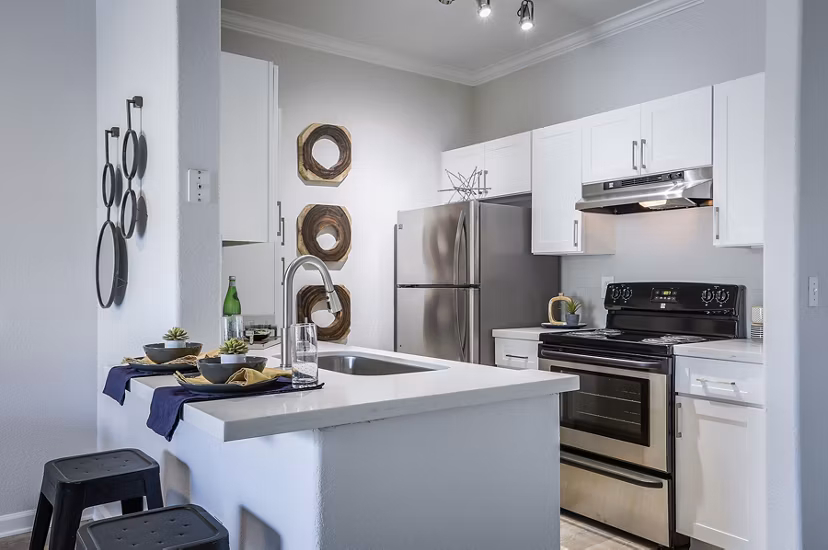 Stylish modern kitchen with stainless steel appliances at Avana Eastlake Apartments