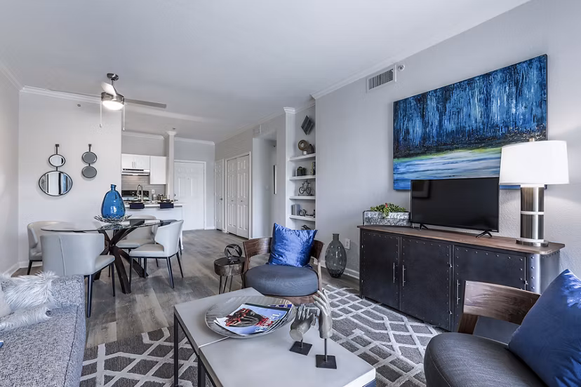 Spacious contemporary living room with modern decor at Avana Eastlake Apartments