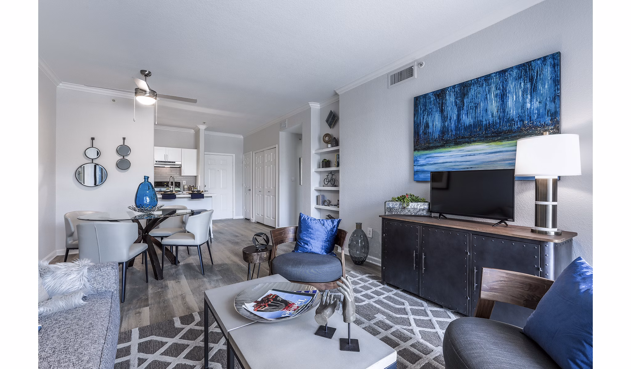 Spacious contemporary living room with modern decor at Avana Eastlake Apartments