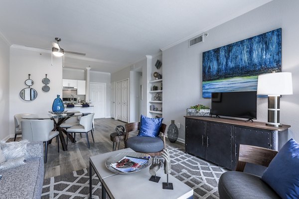 Spacious contemporary living room with modern decor at Avana Eastlake Apartments