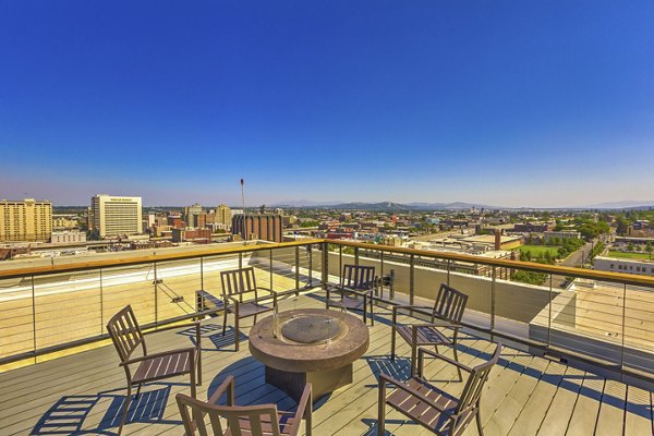 Scenic cityscape view from the rooftop deck at Cooper George Apartments