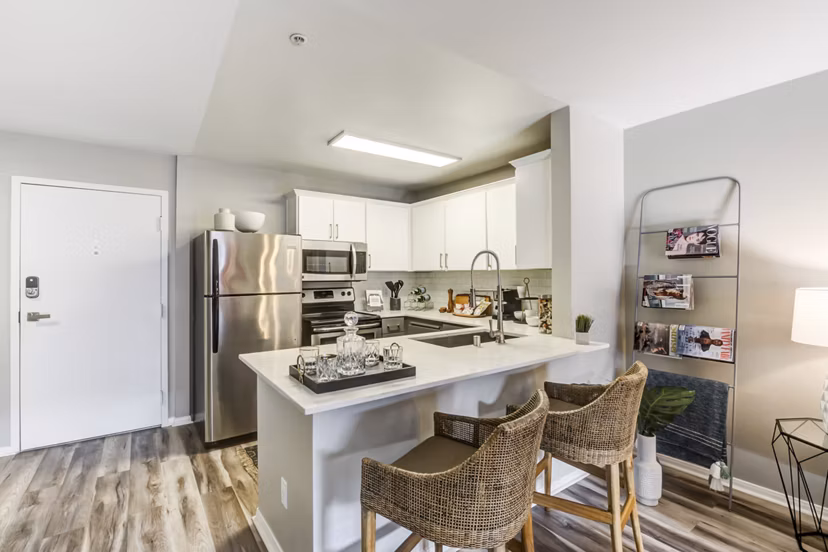 Modern kitchen with stainless steel appliances and granite countertops at Avana on Pine Apartments, Greystar luxury community
