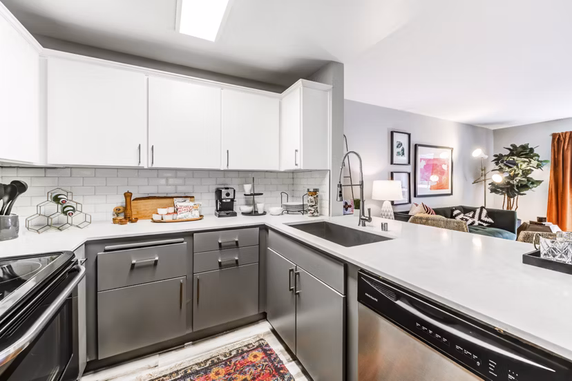Modern kitchen with stainless steel appliances at Avana on Pine Apartments
