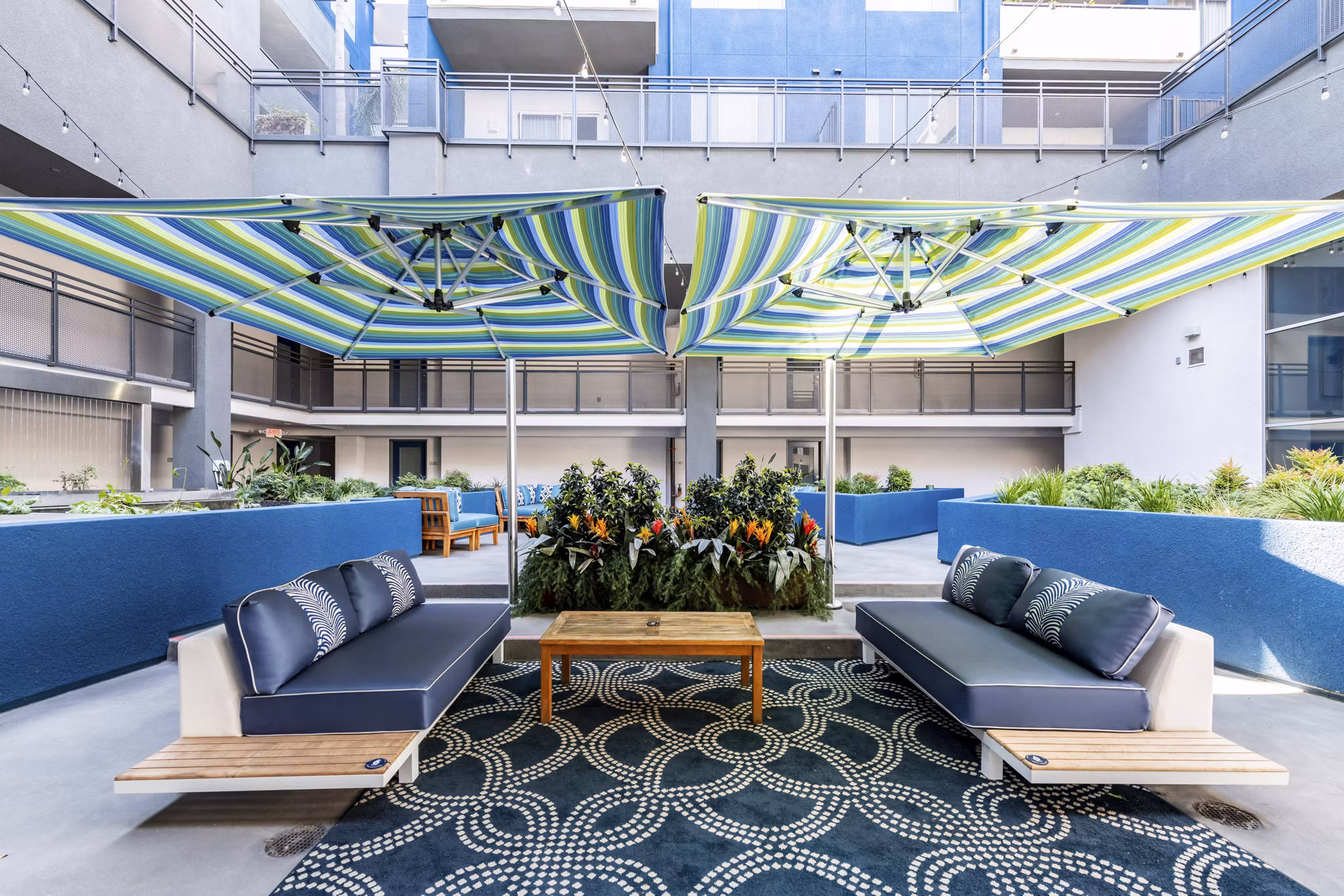 Tranquil courtyard with lush greenery at Avana on Pine Apartments, featuring comfortable seating and pathways