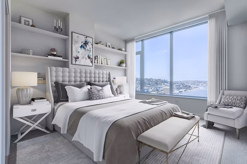 Spacious bedroom with modern decor at Ascent South Lake Union Apartments