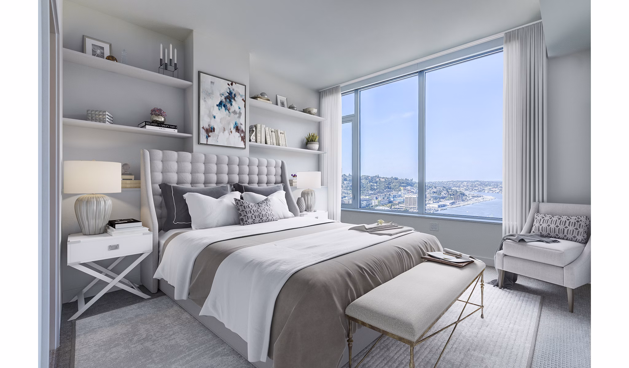Spacious bedroom with modern decor at Ascent South Lake Union Apartments