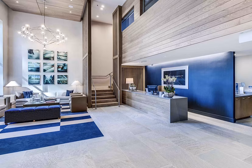 Clubhouse featuring modern design and seating at Ascent South Lake Union Apartments in Seattle, offering a luxurious community space for residents