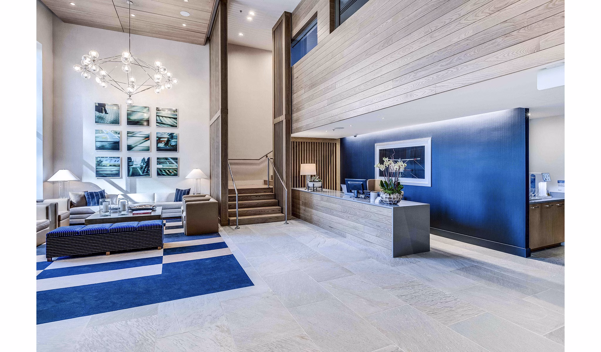 Clubhouse featuring modern design and seating at Ascent South Lake Union Apartments in Seattle, offering a luxurious community space for residents