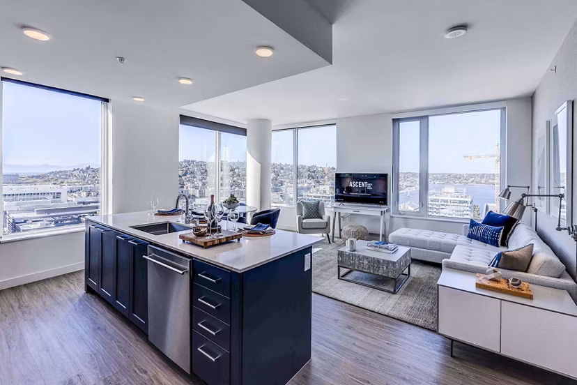 Modern kitchen with stainless steel appliances at Ascent South Lake Union Apartments
