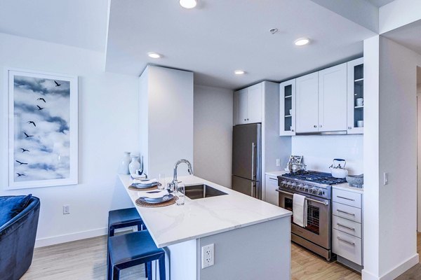 Kitchens with marble countertops and stainless steel appliances at Ascent South Lake Union Apartments