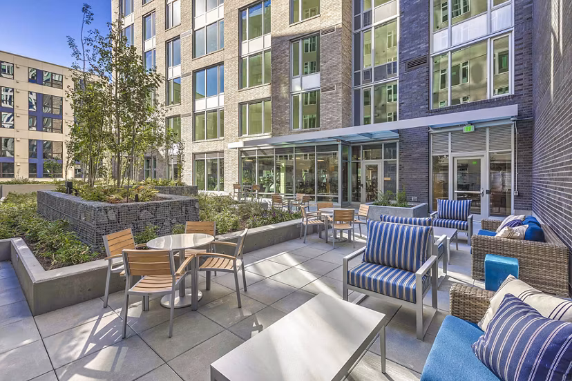 Modern balcony with city views at Ascent South Lake Union Apartments