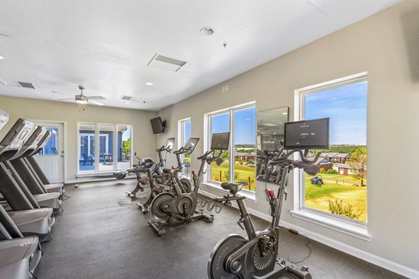 Modern fitness center with cardio and weight equipment at Timberlinks at Denton Apartments for active living