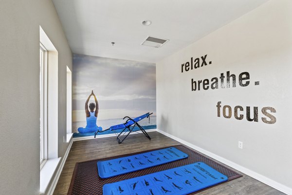Yoga studio with wide mirrors and wooden floors at Timberlinks at Denton Apartments, offering a serene space for relaxation and fitness