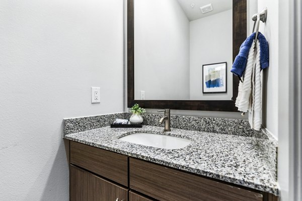 Luxurious bathroom with modern fixtures and marble countertops in Miro Apartments