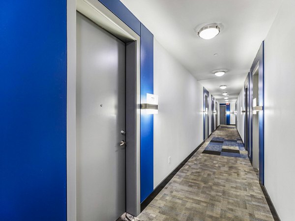 Modern hallway with sleek lighting at Miro Apartments, luxury living by Greystar in the heart of downtown