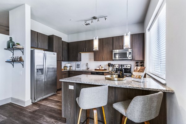 Modern kitchen with sleek countertops and stainless steel appliances in Miro Apartments