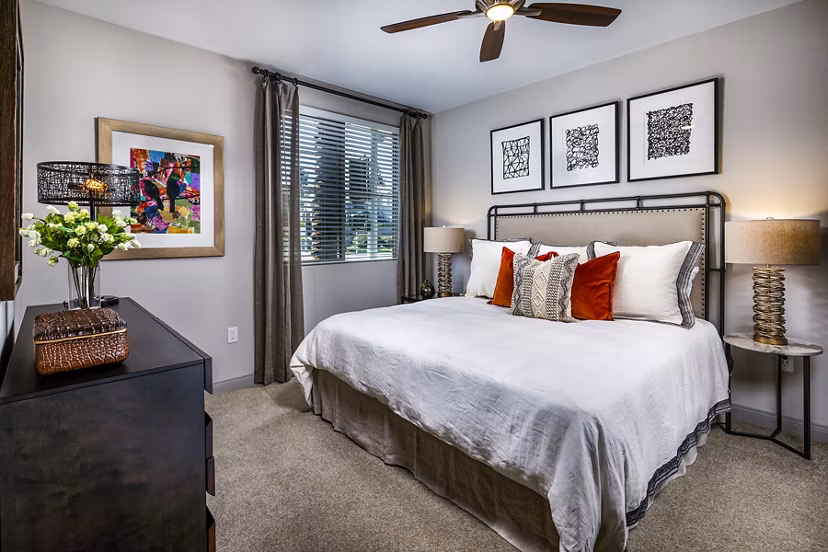 Modern bedroom with stylish decor at Core at Sycamore Highlands apartments