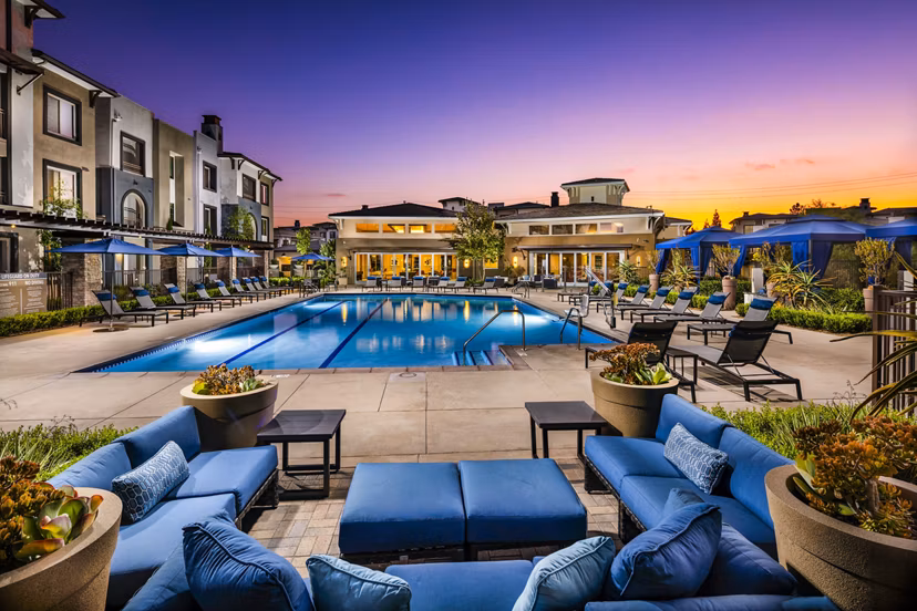 Resort-style pool with sundeck at Core at Sycamore Highlands luxurious apartments