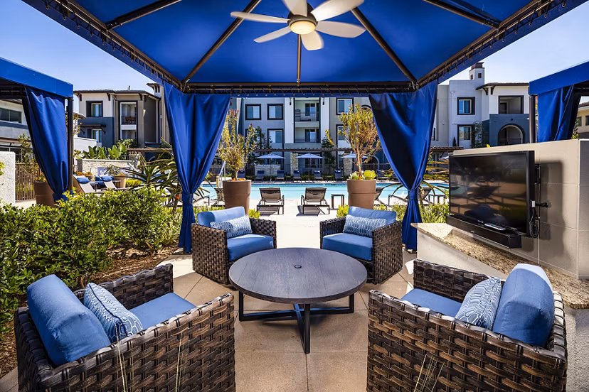 Pool patio at Core at Sycamore Highlands, offering luxurious outdoor seating and serene views