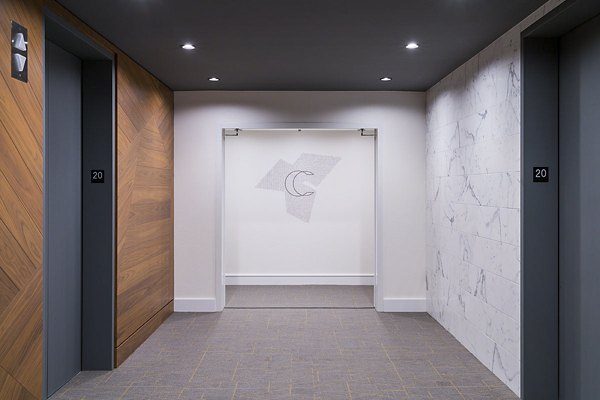 hallway elevators at Circa LA Apartments                                                             
