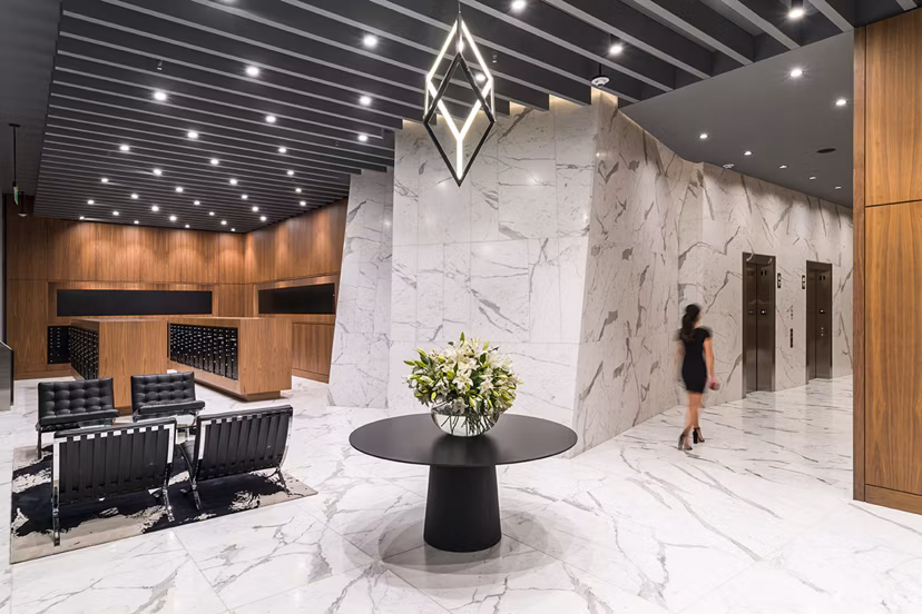 Contemporary mail room in the clubhouse at Circa LA Apartments, offering convenient package storage for residents