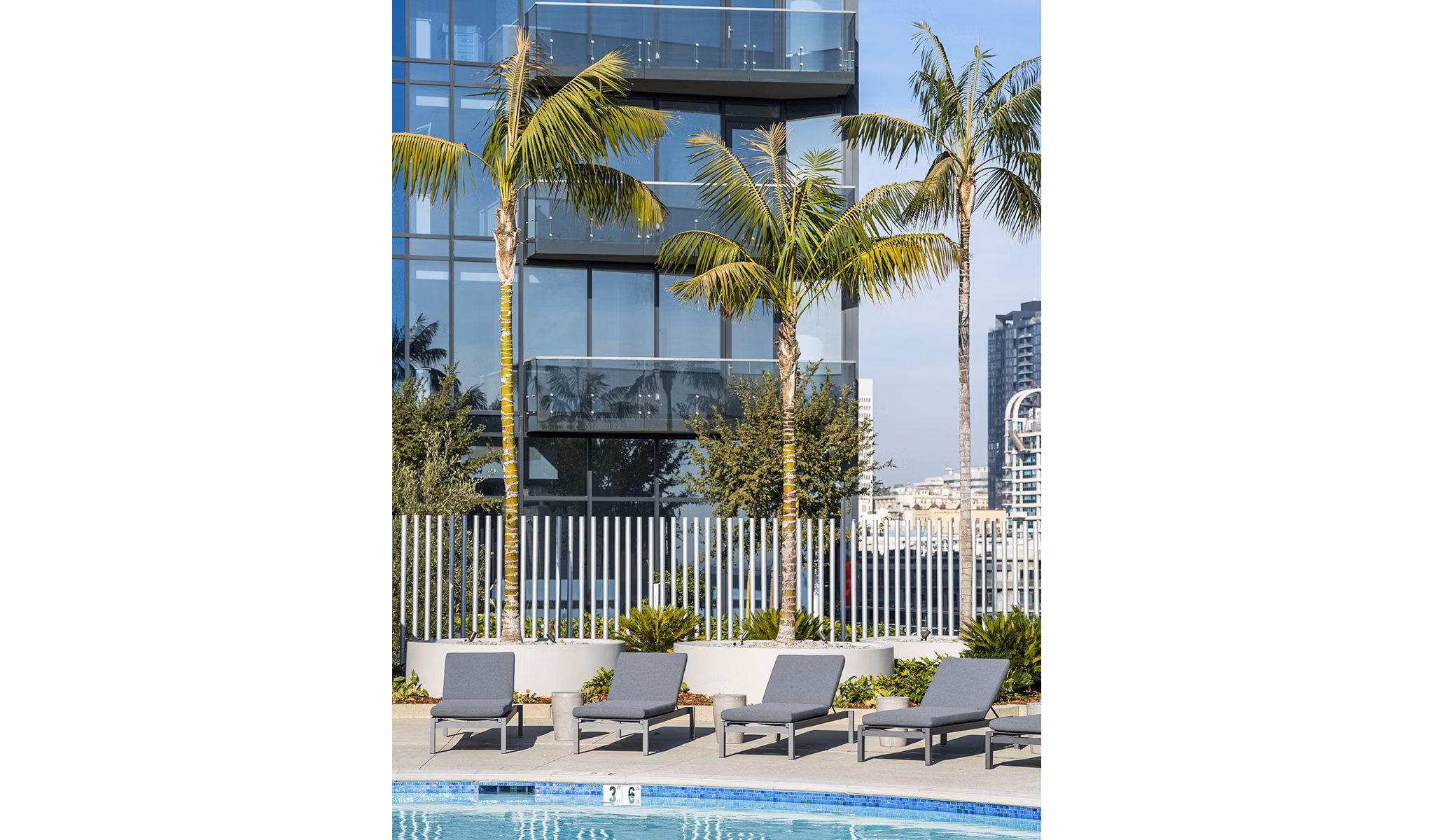 Resort-style outdoor pool at Circa LA Apartments offering luxurious relaxation near downtown amenities