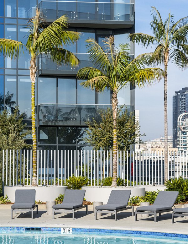 Resort-style outdoor pool at Circa LA Apartments offering luxurious relaxation near downtown amenities