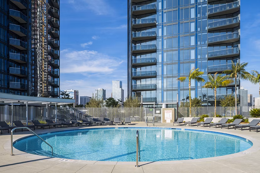 Stunning pool area with cabanas at Circa LA Apartments, a luxury living community in Los Angeles