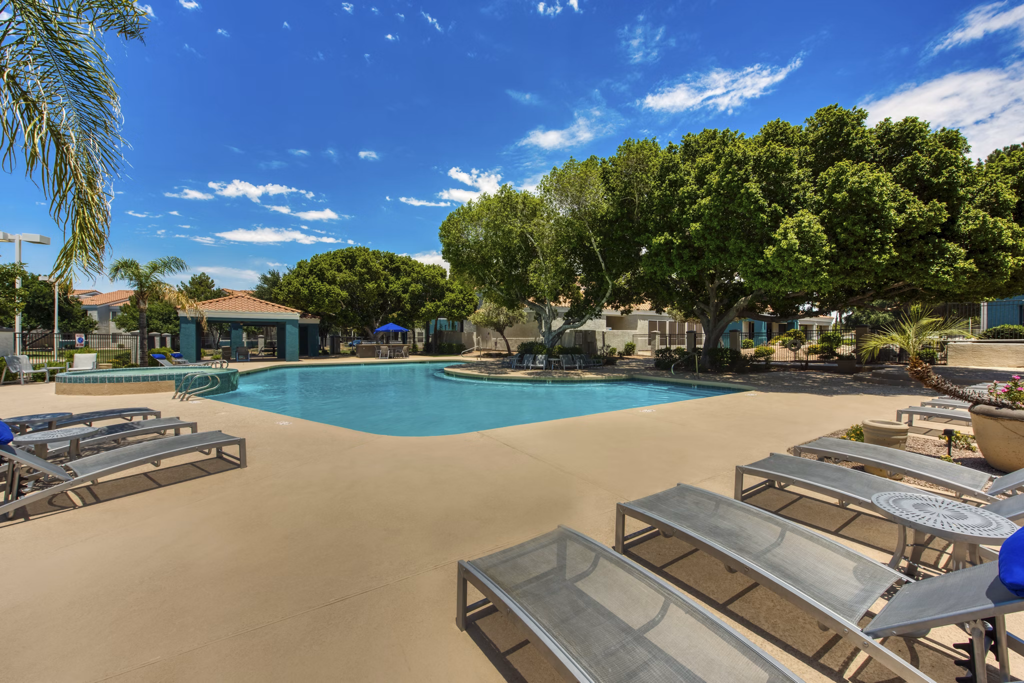 Resort-style pool with lush landscaping at Galleria Palms Apartments offering luxury living in prime location